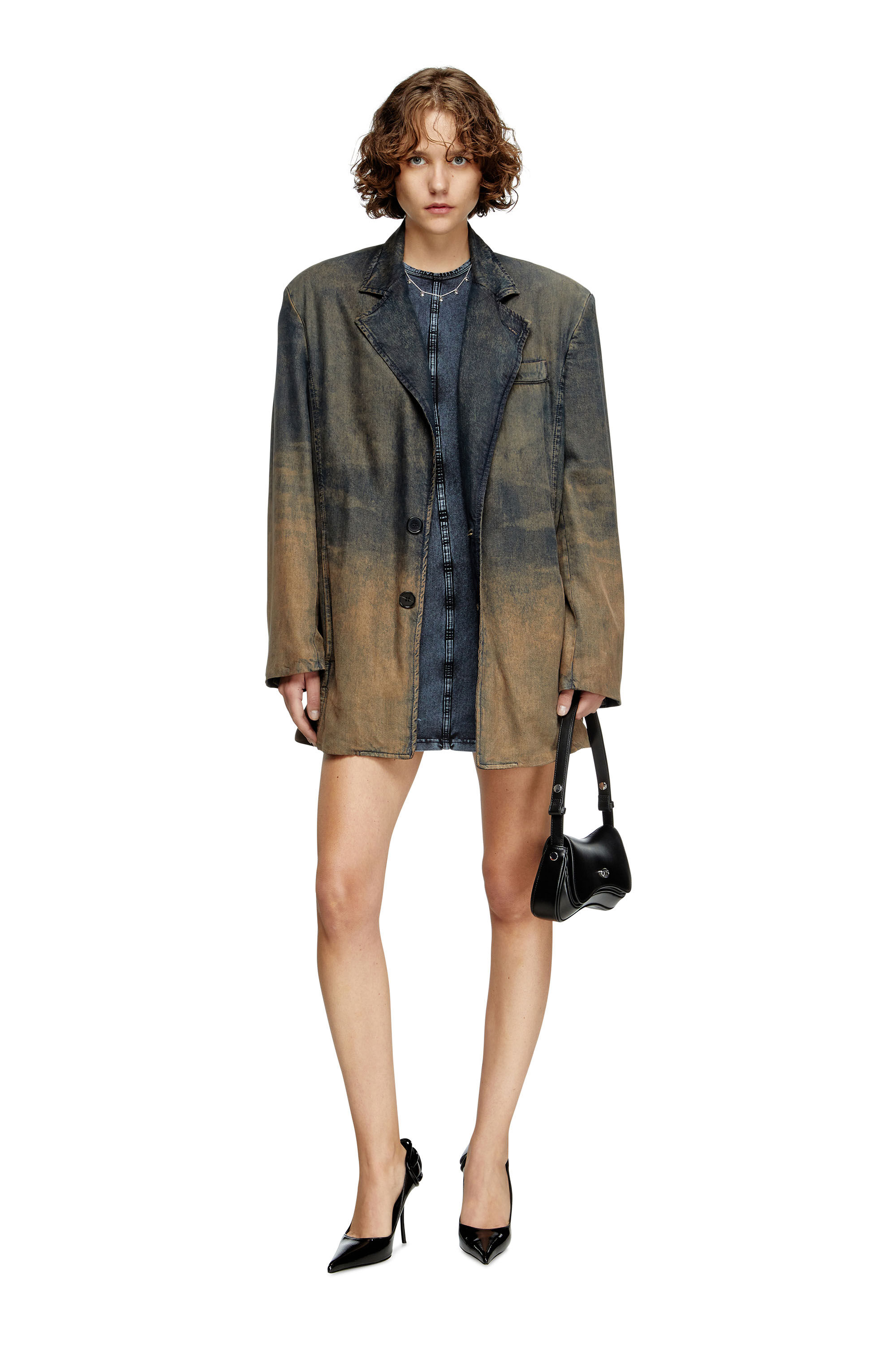 Diesel - D-CUPSLEEVES, Vestido mini de punto con aspecto denim Mujer in Azul marino - 6