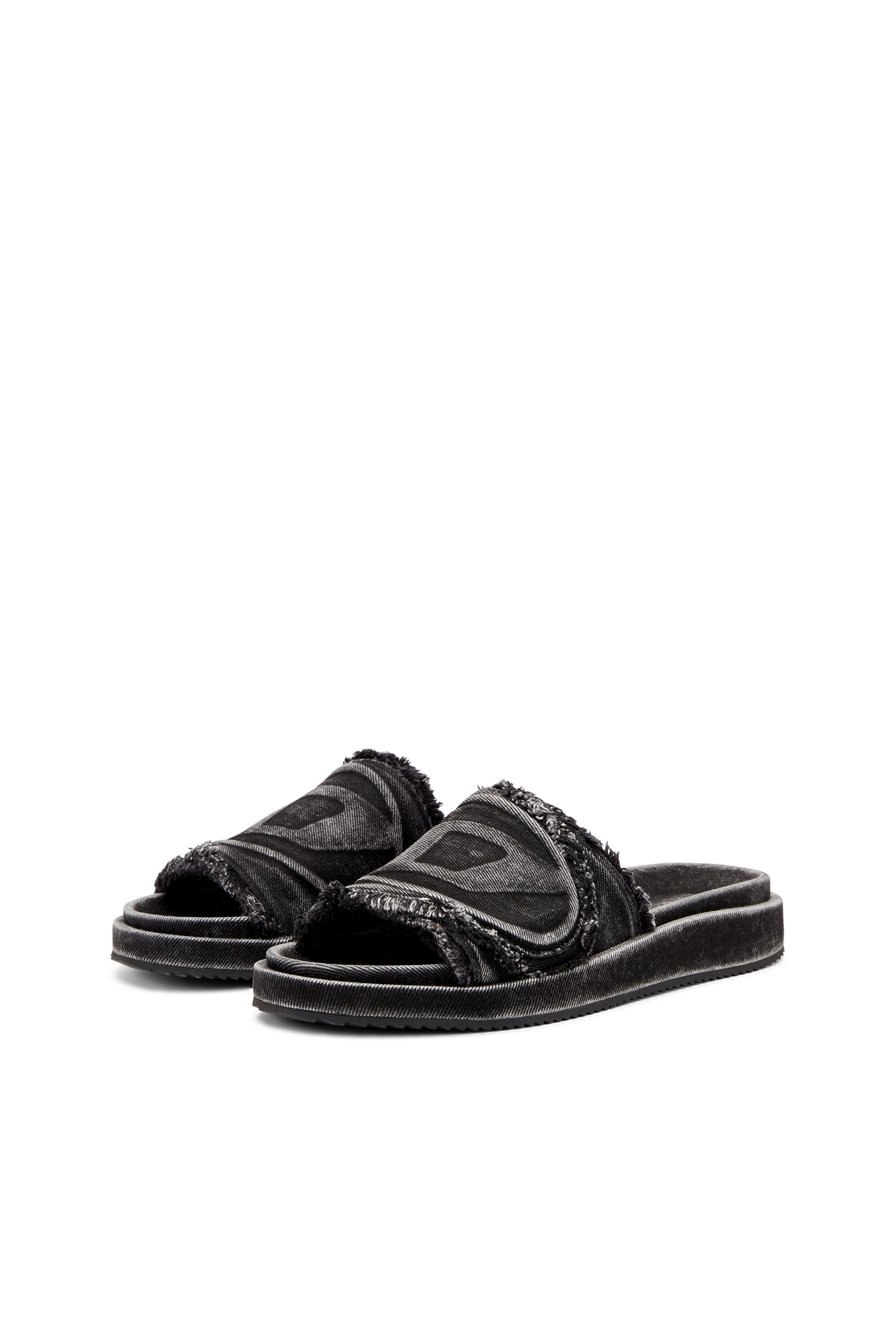 Diesel - SA-SLIDE D OVAL, Sa-Slide D-Chanclas de denim desgastado Unisex in Negro - 8