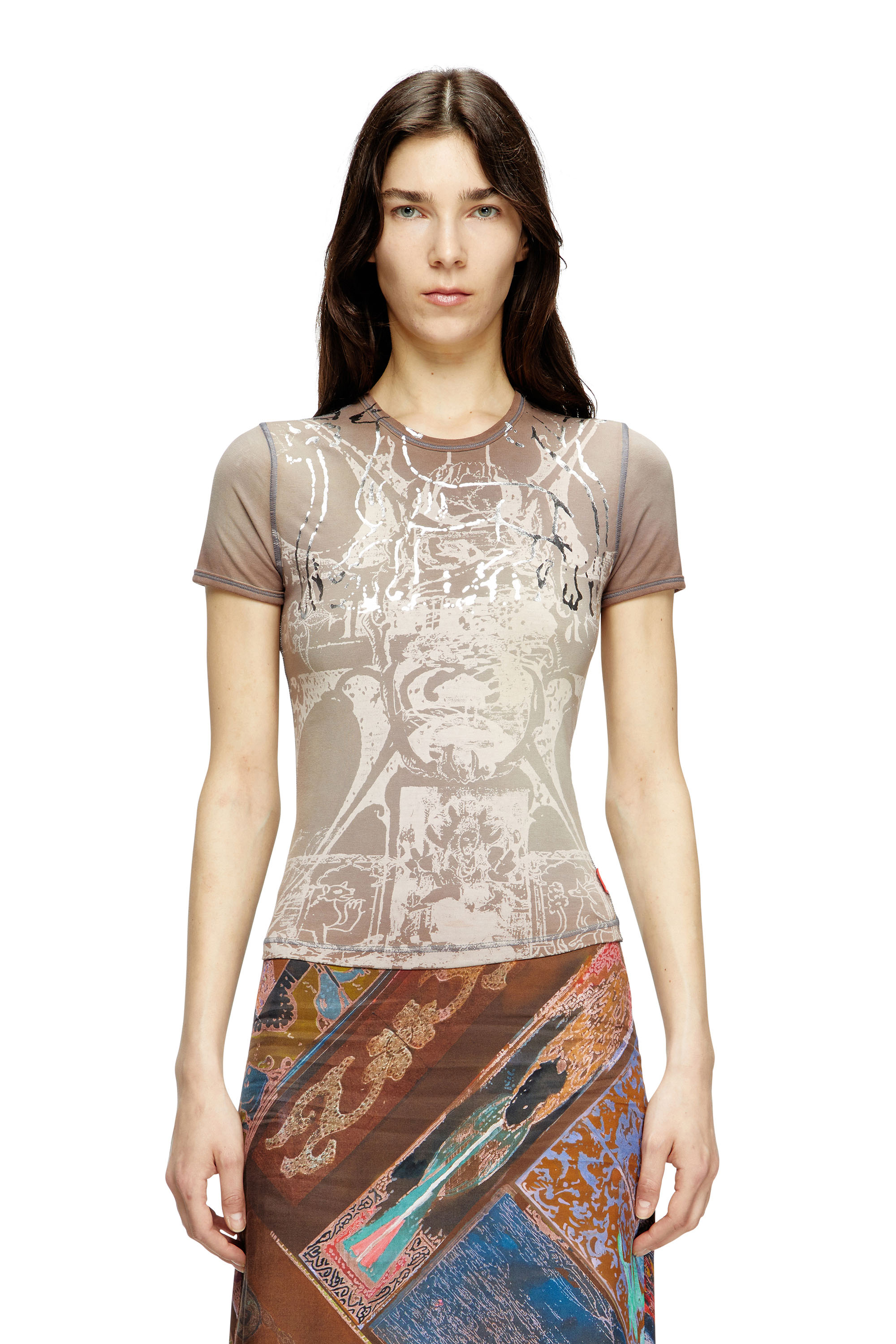 Diesel - T-UNCUTIES-LONG-R6, Camiseta con estampado de lámina Mujer in Marrón - 1